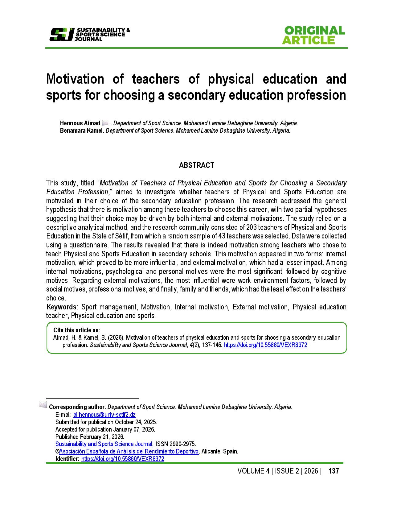 Motivation of teachers of physical education and sports for choosing a secondary education profession