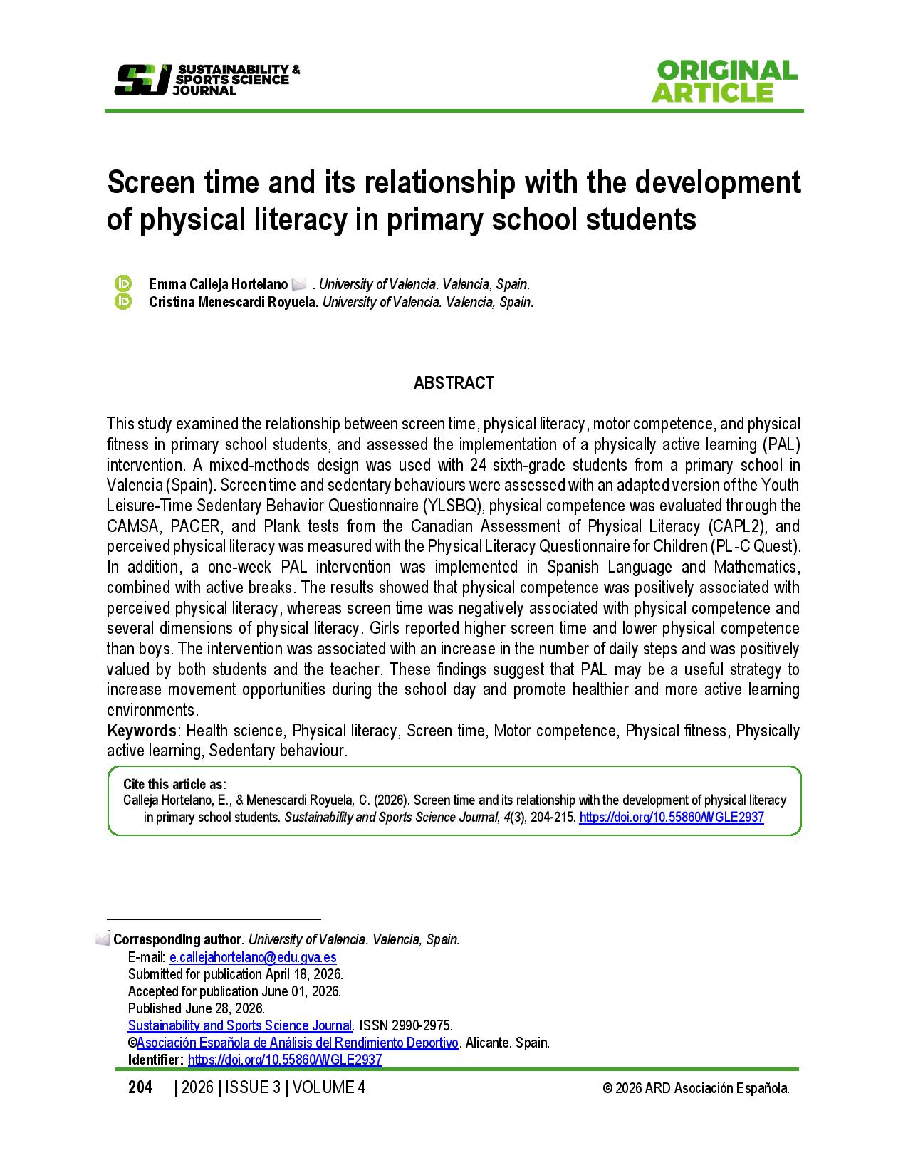  Screen time and its relationship with the development of physical literacy in primary school students