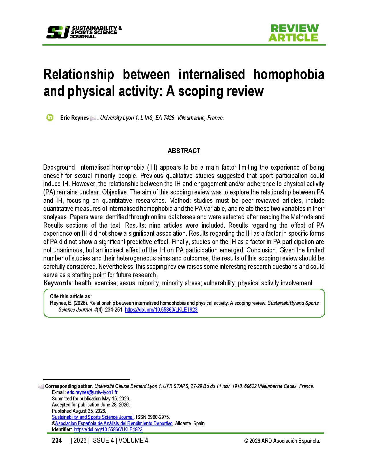 Relationship between internalised homophobia and physical activity: A scoping review