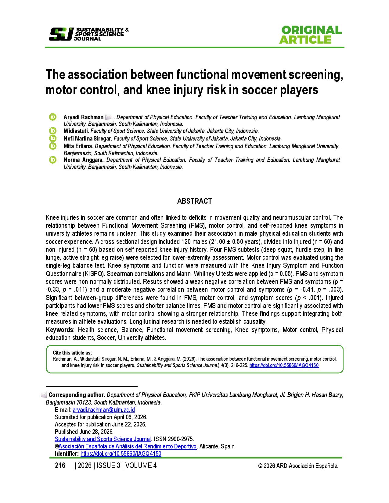 The association between functional movement screening, motor control, and knee injury risk in soccer players