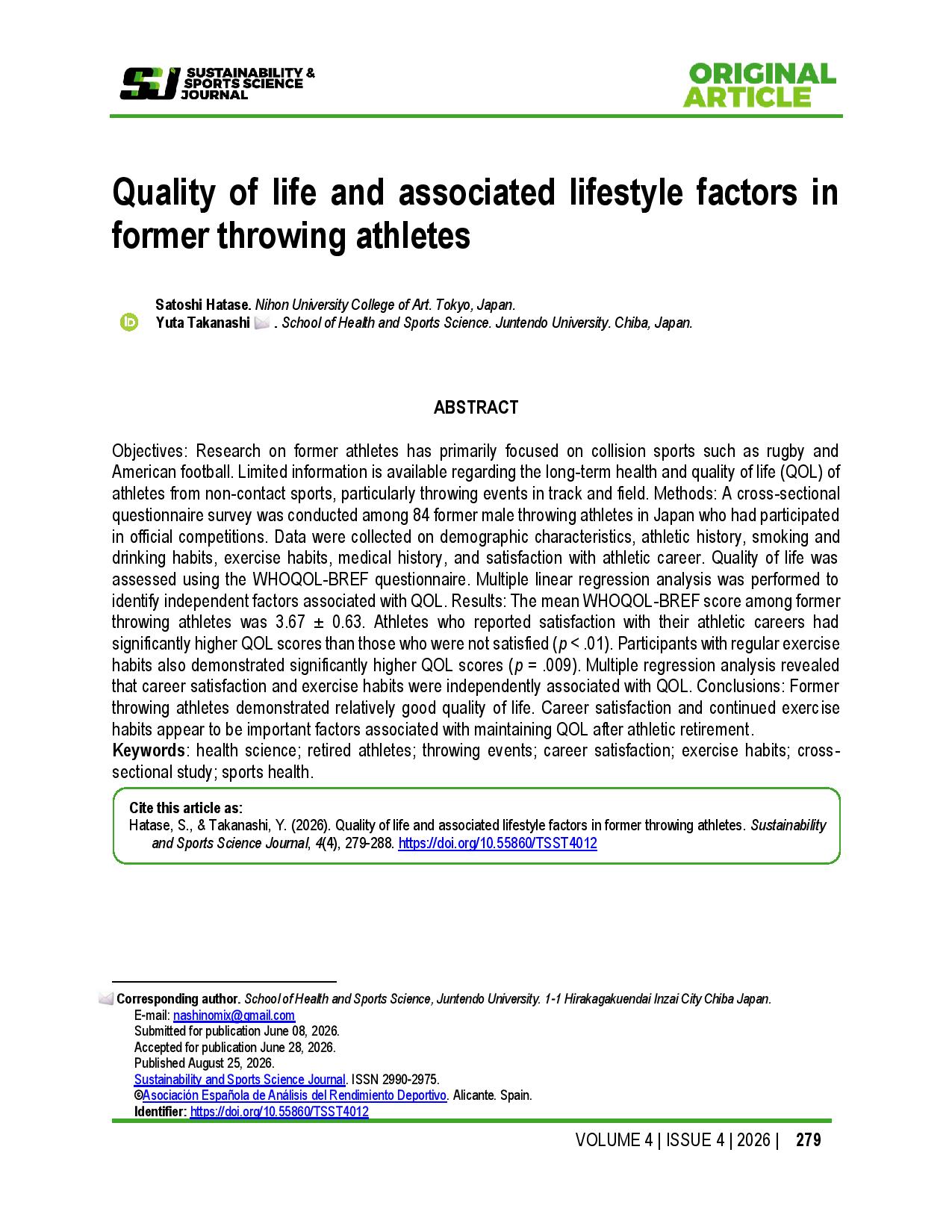 Quality of life and associated lifestyle factors in former throwing athletes