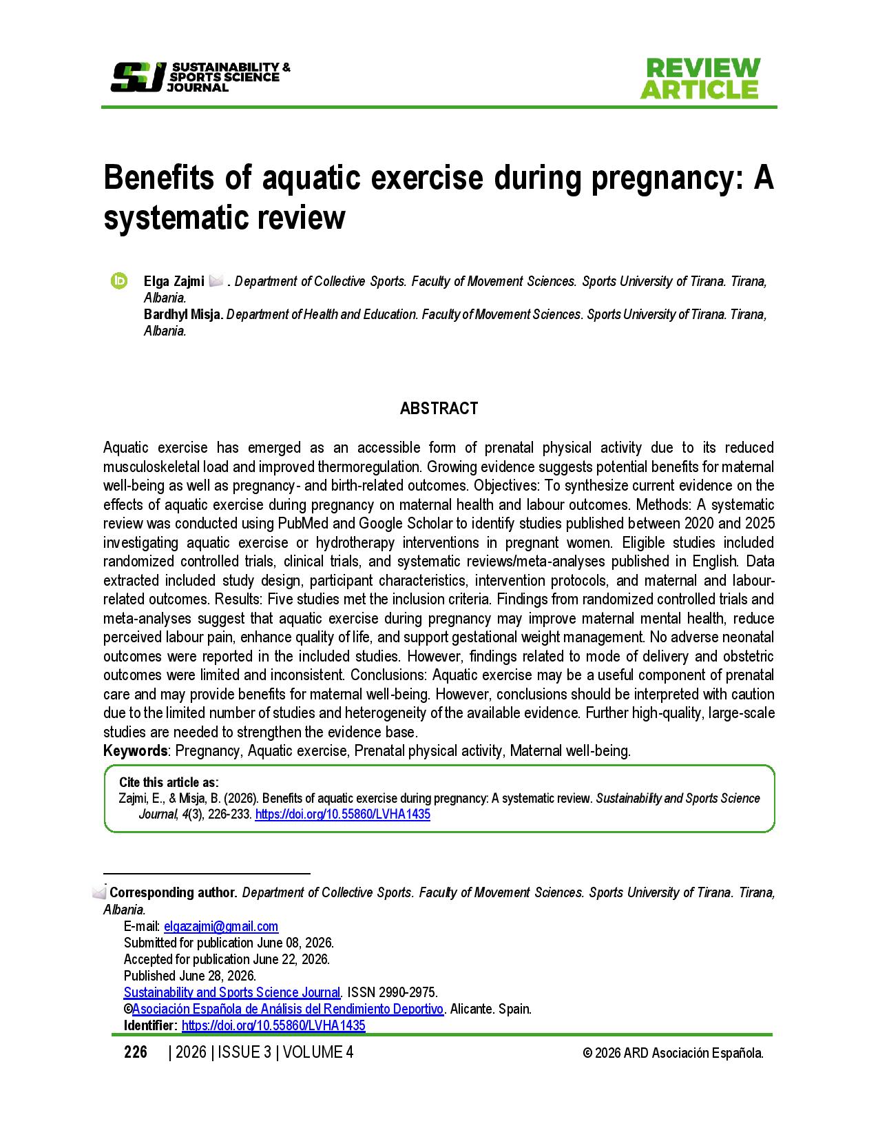 Benefits of aquatic exercise during pregnancy: A systematic review