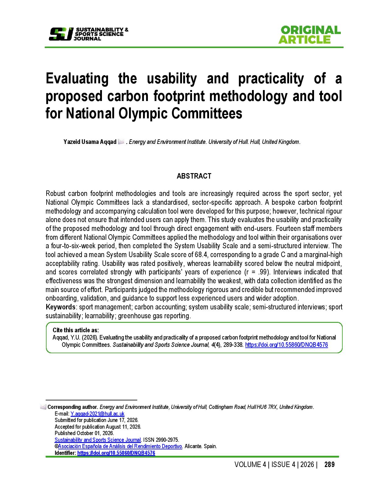 Evaluating the usability and practicality of a proposed carbon footprint methodology and tool for National Olympic Committees