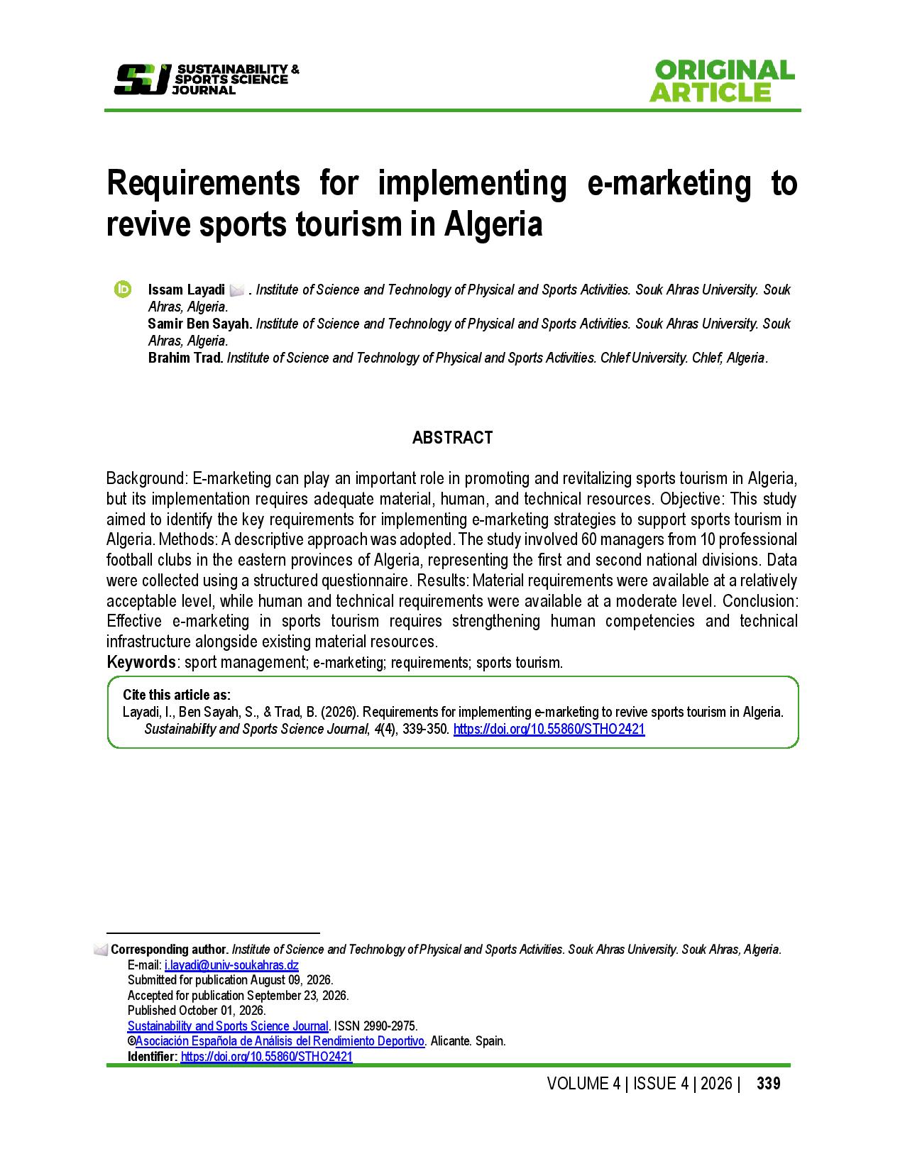 Requirements for implementing e-marketing to revive sports tourism in Algeria