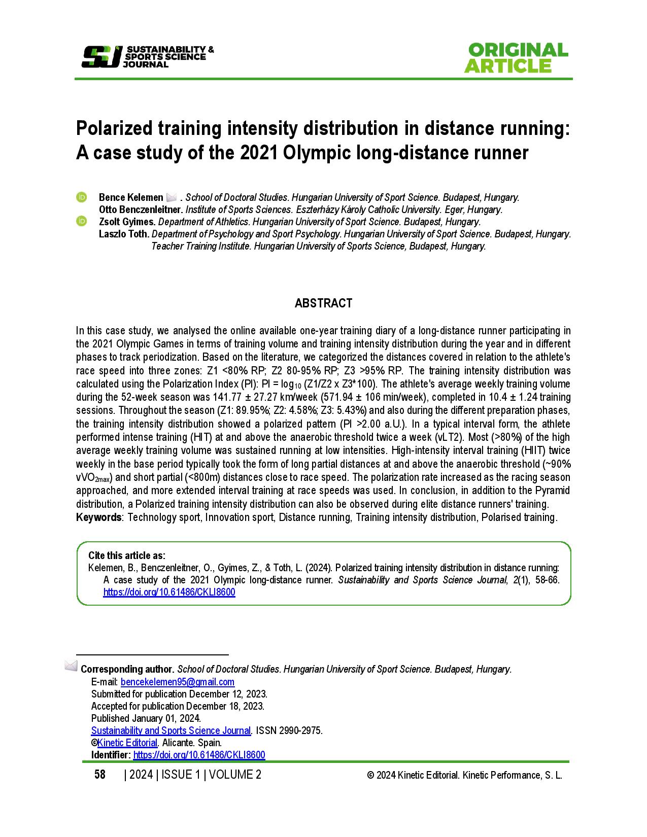 Polarized training intensity distribution in distance running: A case study of the 2021 Olympic long-distance runner