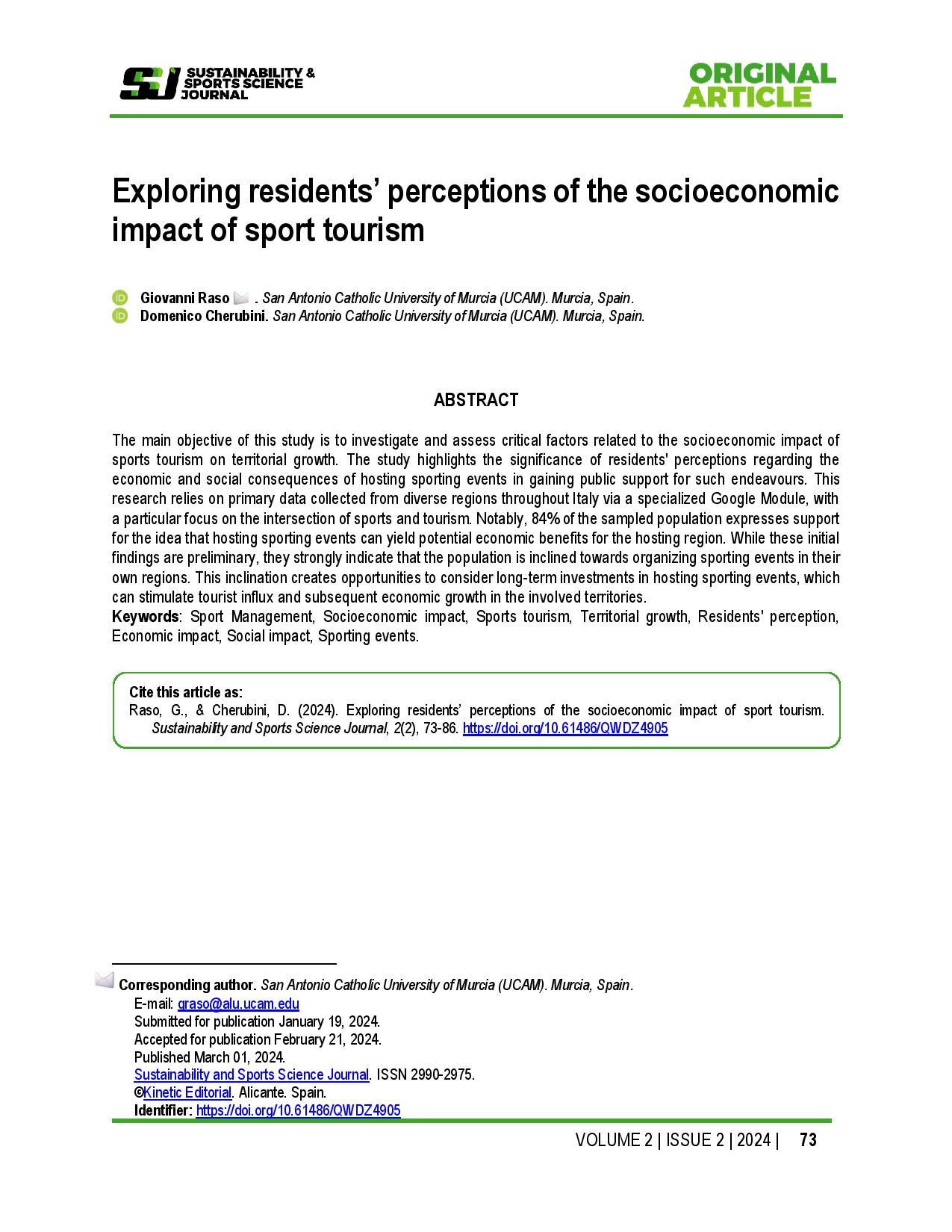 Exploring residents’ perceptions of the socioeconomic impact of sport tourism