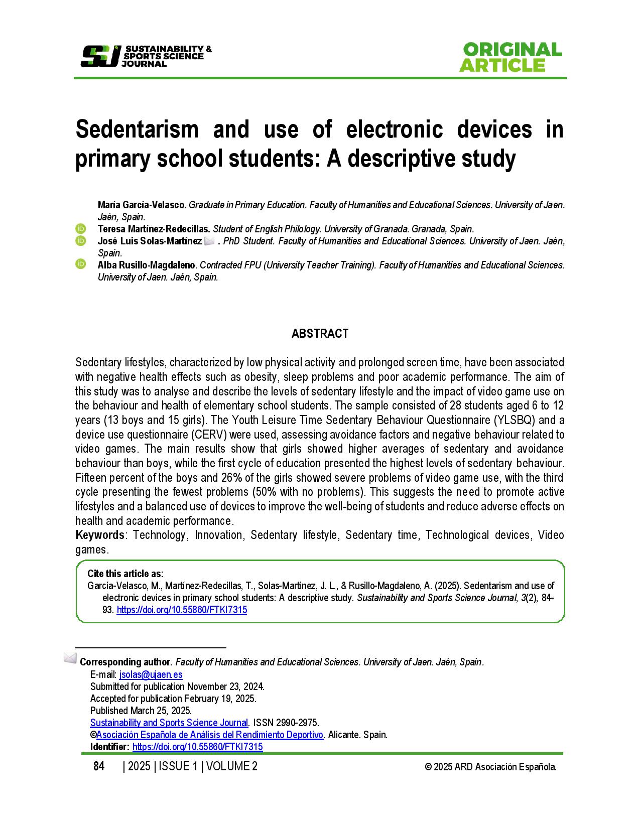 Sedentarism and use of electronic devices in primary school students: A descriptive study