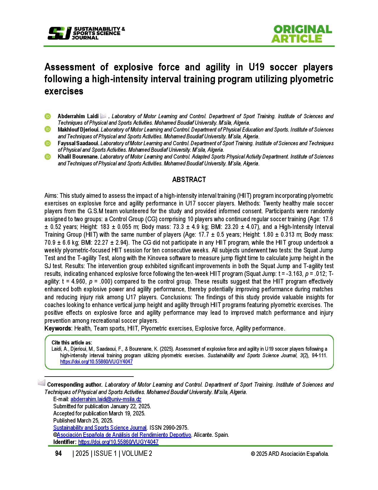 Assessment of explosive force and agility in U19 soccer players following a high-intensity interval training program utilizing plyometric exercises