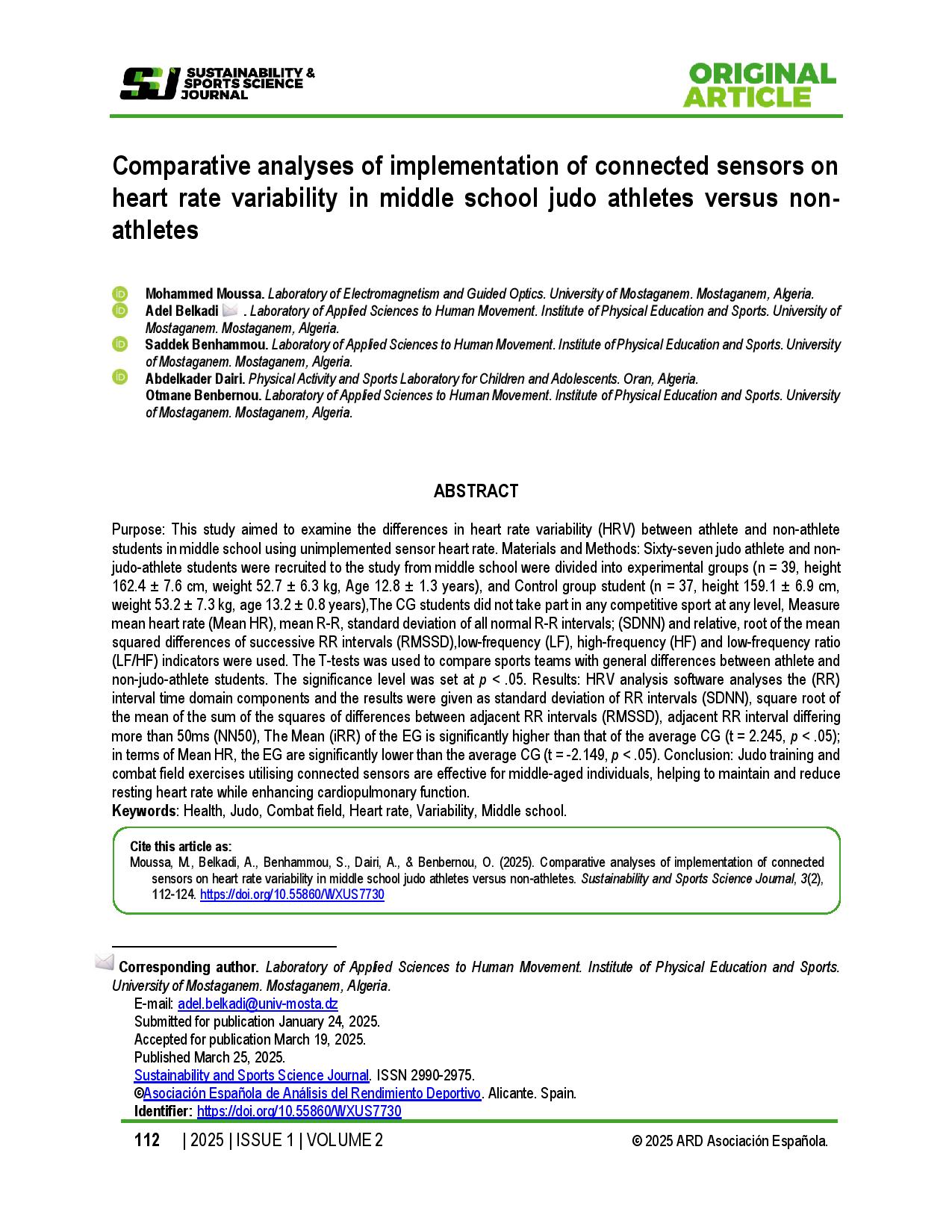 Comparative analyses of implementation of connected sensors on heart rate variability in middle school judo athletes versus non-athletes