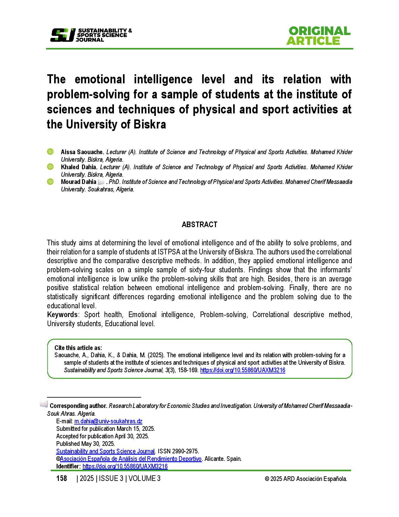 The emotional intelligence level and its relation with problem-solving for a sample of students at the institute of sciences and techniques of physical and sport activities at the University of Biskra
