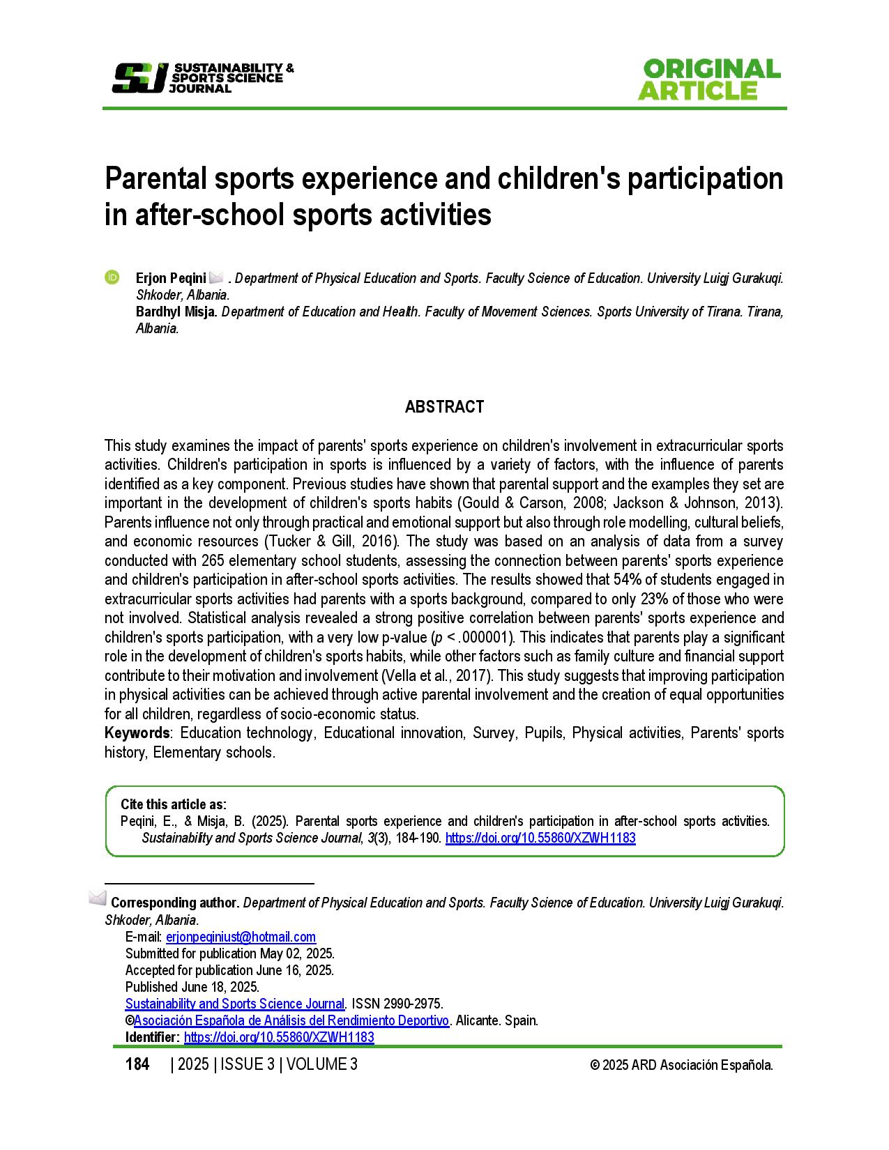  Parental sports experience and children's participation in after-school sports activities